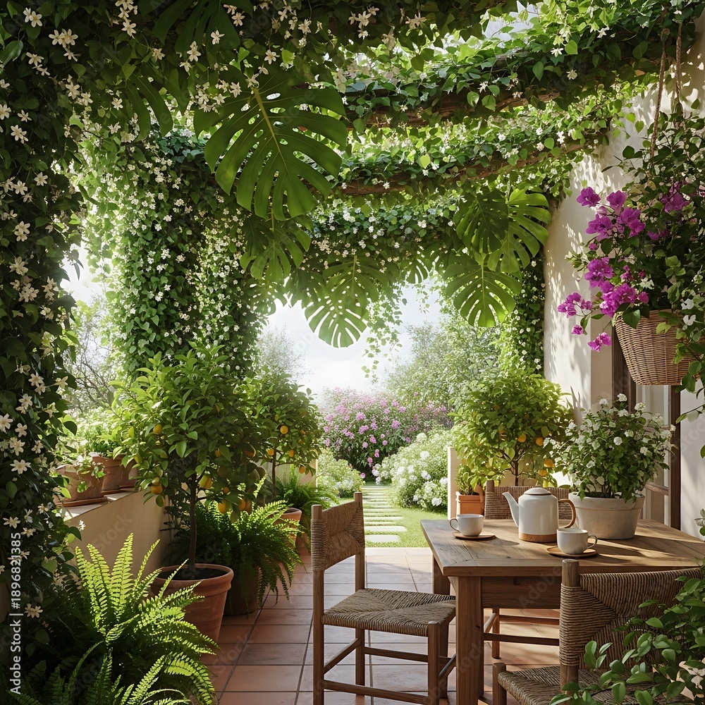 Fototapeta premium Serene outdoor terrace with lush greenery and a charming tea setup