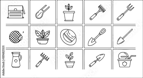 Gardening tools and plants icons, vector illustrations for website, banner, or presentation, isolated on transparent background, png