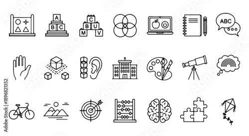 line icon set for business, technology, and communication, including symbols for data analysis, marketing, and innovation, for website or app UI, isolated on transparent background, png