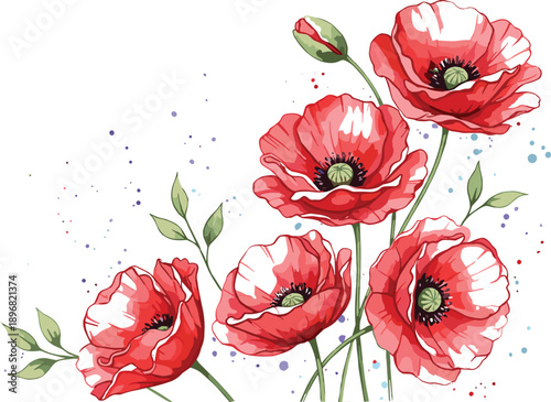  described is a vibrant watercolor painting that captures the beauty of red poppies in a dynamic and artistic manne