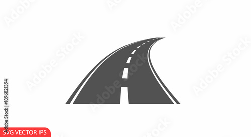 Curving asphalt road with white dashed line, transportation graphic