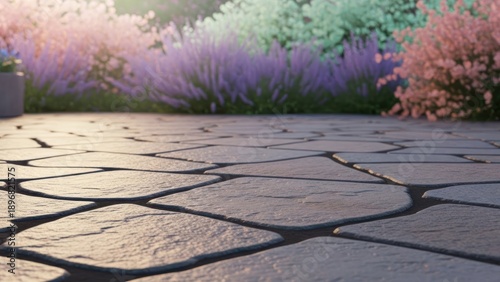 Stone patio with colorful floral backdrop day scene copy space design element