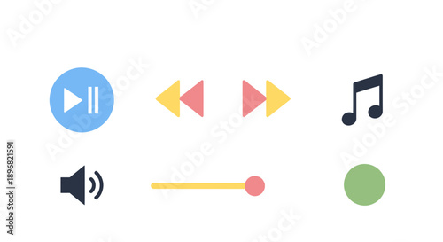Music Player Interface Icons: Play, Rewind, Fast Forward, Note, Volume, Slider