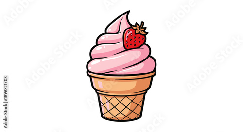 Cartoon Strawberry Ice Cream Cone with Fresh Fruit Topping.