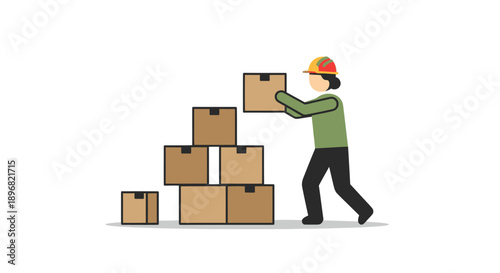 Cartoon Worker Stacking Brown Cardboard Boxes in a Pile Illustration.