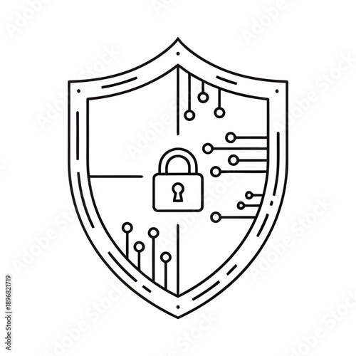 Digital security shield with lock icon enclosed in a protective frame symbolizing cybersecurity and data protection