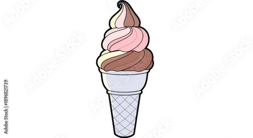Swirled Soft Serve Ice Cream Cone with Three Flavors.
