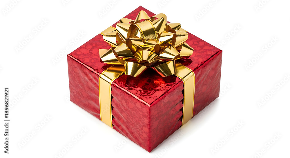 Obraz premium a festive red gift box with a shiny gold bow elegantly presented for holiday celebrations or special occasions isolated on white.