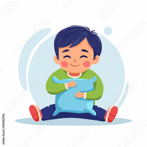 Cartoon Boy Hugging Blue Pillow.