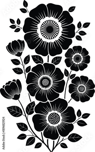 described is a black and white floral element art that showcases a variety of flowers in different stages of bloom, arranged in a vertical composition