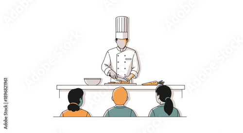 Professional chef demonstrating food preparation in a culinary class illustration.