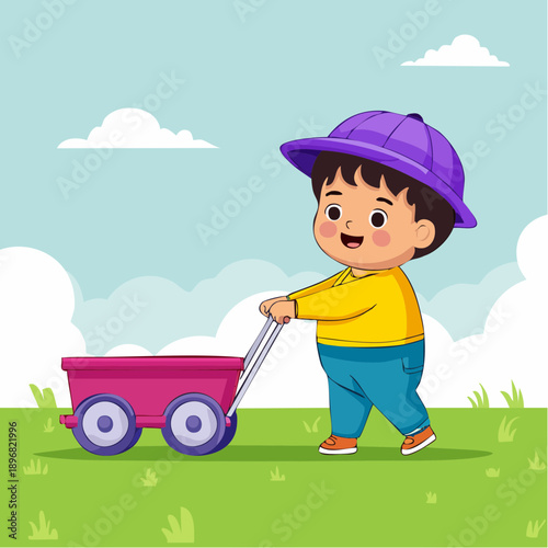 Young Boy Pushing Pink Toy Wagon.