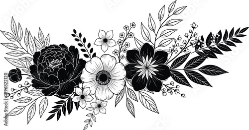 A seamless black and white floral pattern with  flowers and leaves in an elegant sketch style