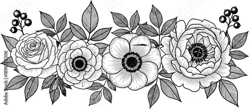 described features a black and white floral arrangement that includes a rose, two anemones, and a peony, all intricately designed in a decorative, illustrative style.