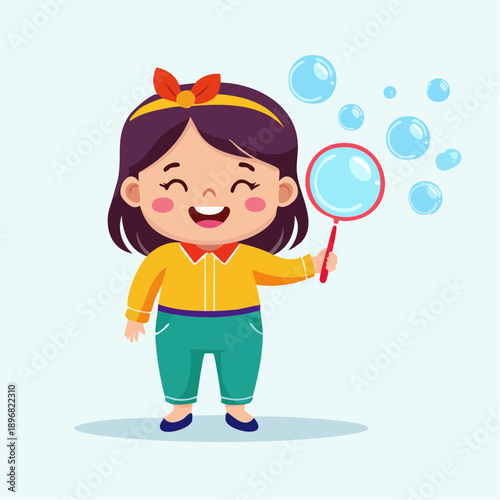 Young Girl Playing with Soap Bubbles.