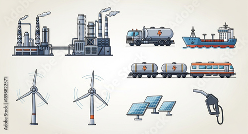 Collection of industrial and energy production illustrations.