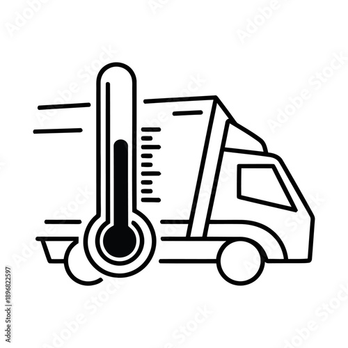 Temperature gauge attached to a moving delivery truck with motion lines symbolizing rapid temperature change during transportation
