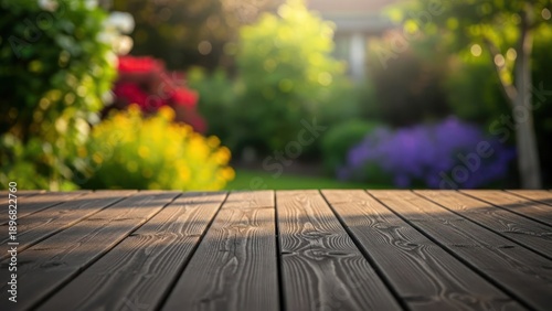 Wooden deck foreground with blurred garden and sunlight background