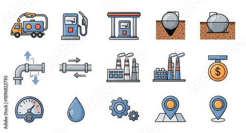 Collection of industrial and energy related icons and symbols.