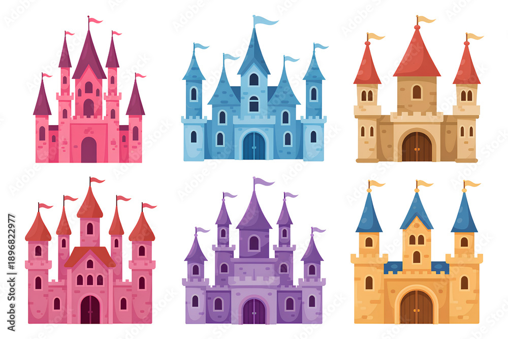 Obraz premium Magical castles collection fairy tale fantasy towers colorful kingdoms cartoon style buildings on transparent background