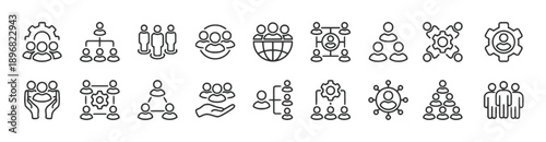 Business team and collaboration line icons collection featuring various corporate management symbols such as professional leadership hierarchy networking group synergy and organizational structure