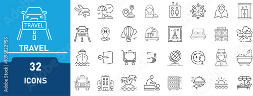 Travel and Tourism Line Art Icon Set.Contains icon related to Hotel Booking,  Navigation, Luggage, Flight, Cruise, Car ,travel, and more. thin linear illustration.