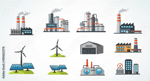Collection of industrial buildings and renewable energy sources.