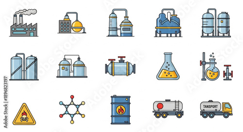Collection of Industrial Chemical Factory Icons and Symbols.