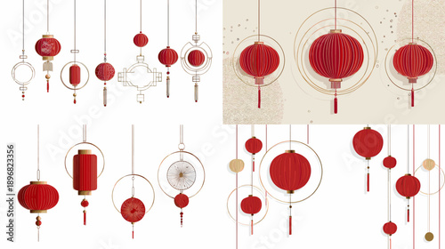 Chinese New Year hanging lantern ornaments in red and gold. Traditional Asian festive decorations for celebration backgrounds greeting cards and holiday designs.