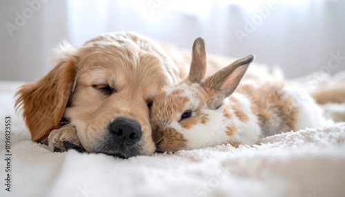 Golden Retriever Dog and Bunny Rabbit Sleeping Together Peacefully.
