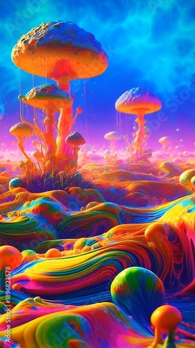 Vibrant surreal mushrooms in colorful landscape.