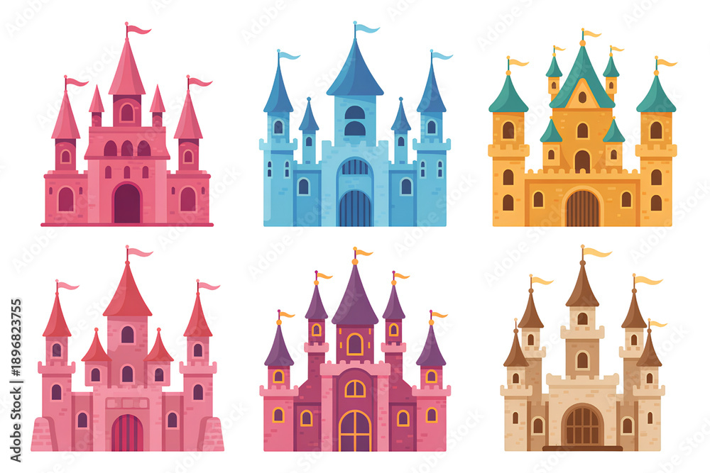 Obraz premium Whimsical fairy tale castle icons in different colors for fantasy gaming and children storybook illustration