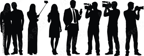 Silhouettes of people with cameras, selfie sticks, smartphones, videographers, photographers, modern digital media communication, recording lifestyle moments
