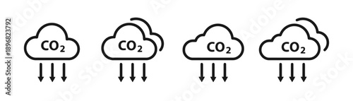 Carbon dioxide CO2 emission icons depicting environmental pollution and climate change concerns. Illustrating greenhouse gas release and atmospheric impact for sustainability awareness.
