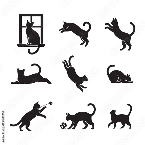 Cats silhouettes in various playful poses jumping stretching lying down playing with yarn ball window perch isolated on white background vector illustration