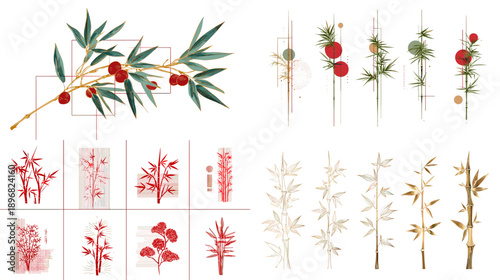 Chinese New Year botanical elements featuring red berries bamboo branches and floral ornaments. Traditional Asian holiday decoration set for festive design backgrounds.