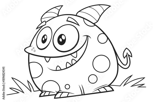 Cute cartoon monster coloring page for kids, friendly smiling monster, rounded shapes, big eyes, black and white line art, thick outlines, no scary elements, no color