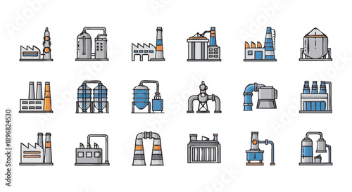 Collection of industrial factory building icons in flat design style.