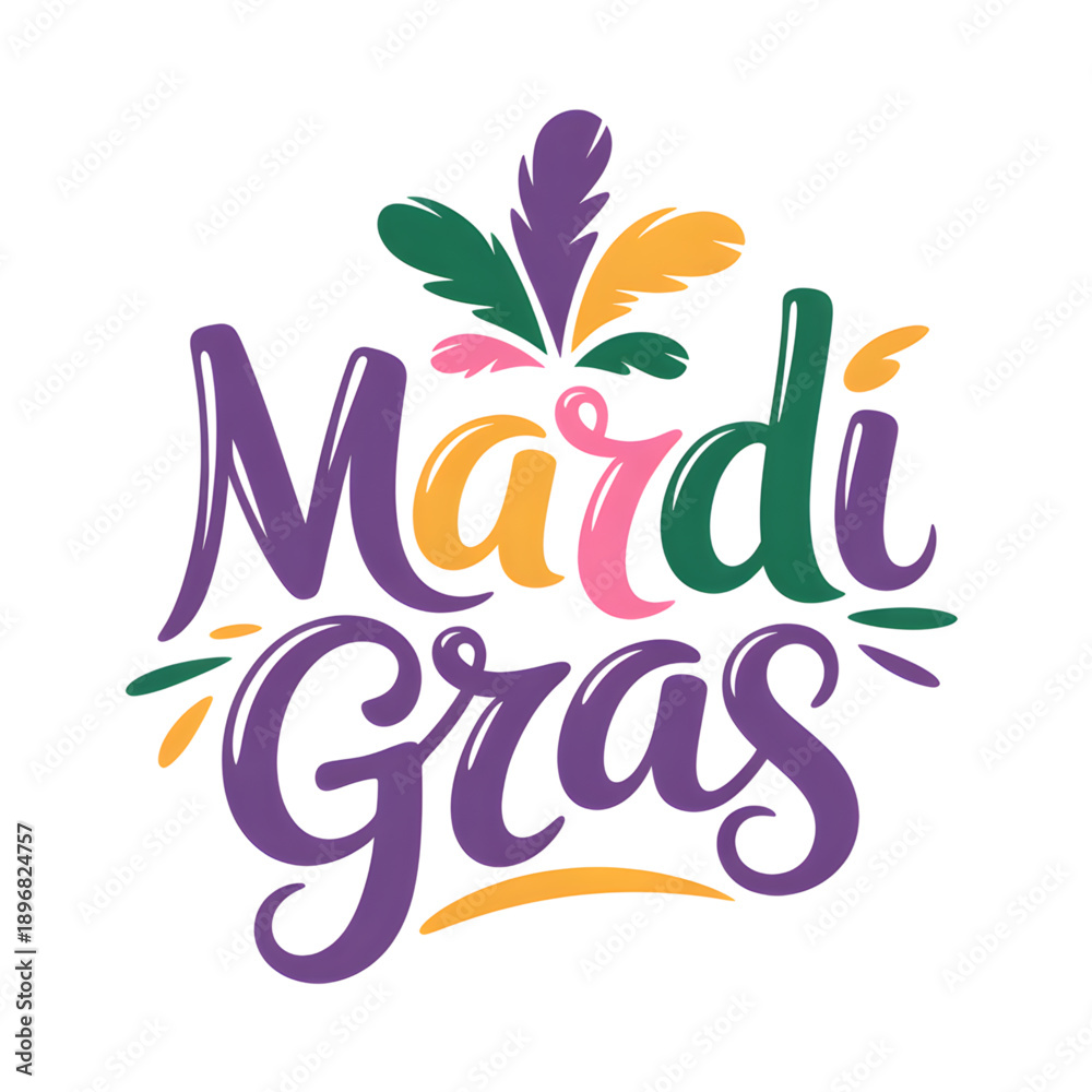 Fototapeta premium Vibrant Mardi Gras celebration with colorful feathers and text
