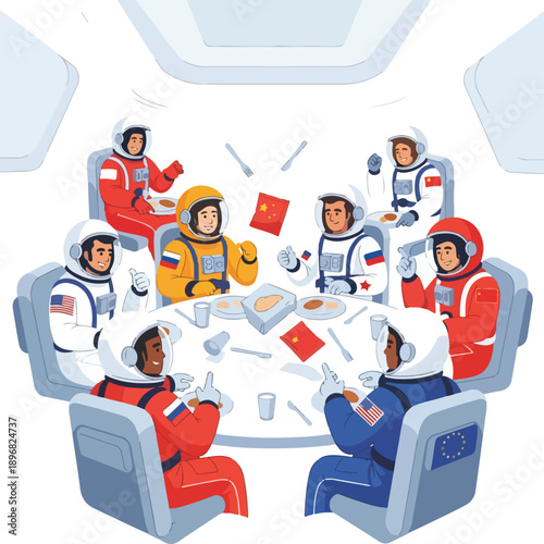 Vector illustration of astronauts from different countries sitting around a table in space, engaged in a meal together. Perfect for space exploration, teamwork presentations, and
