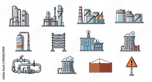 Collection of Industrial Factory and Plant Icons.