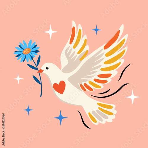 world peace day illustration with dove, sunflower, heart. Poster with symbol. Hand drawn vector illustration
