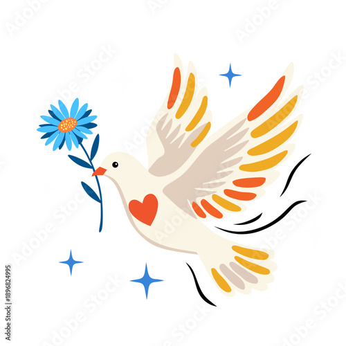 world peace day illustration with dove, sunflower, heart. Poster with symbol. Hand drawn vector illustration