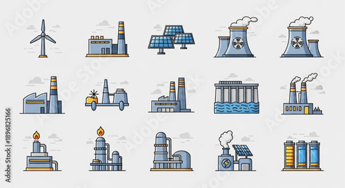 Collection of industrial factory and power plant icons.