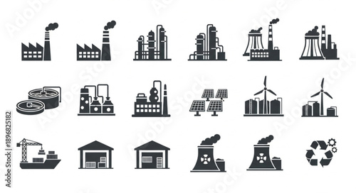 Collection of industrial factory and power plant icons.