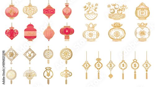 Traditional Chinese New Year hanging ornaments collection with red and gold symbols lucky charms and decorative pendants ideal for cultural designs festive decor and holiday illustrations.