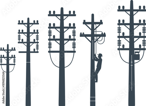 Collection of utility poles with electrical insulators and wires showcasing different heights and configurations including a lineman working