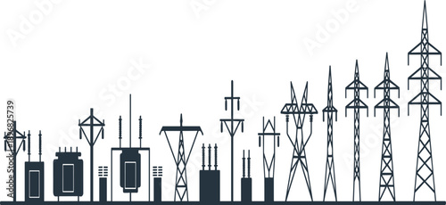 Diverse collection of electrical substations and transmission towers showcasing varied and heights against a clean white background