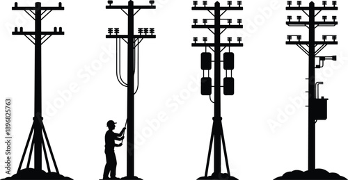 Four distinct electricity poles in silhouette, one with a worker performing maintenance, highlighting variations in structural and attached electrical components