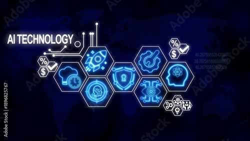 AI Technology Concept with Hexagonal Icons and World Map Overlay on Dark Blue Background artificial intelligence